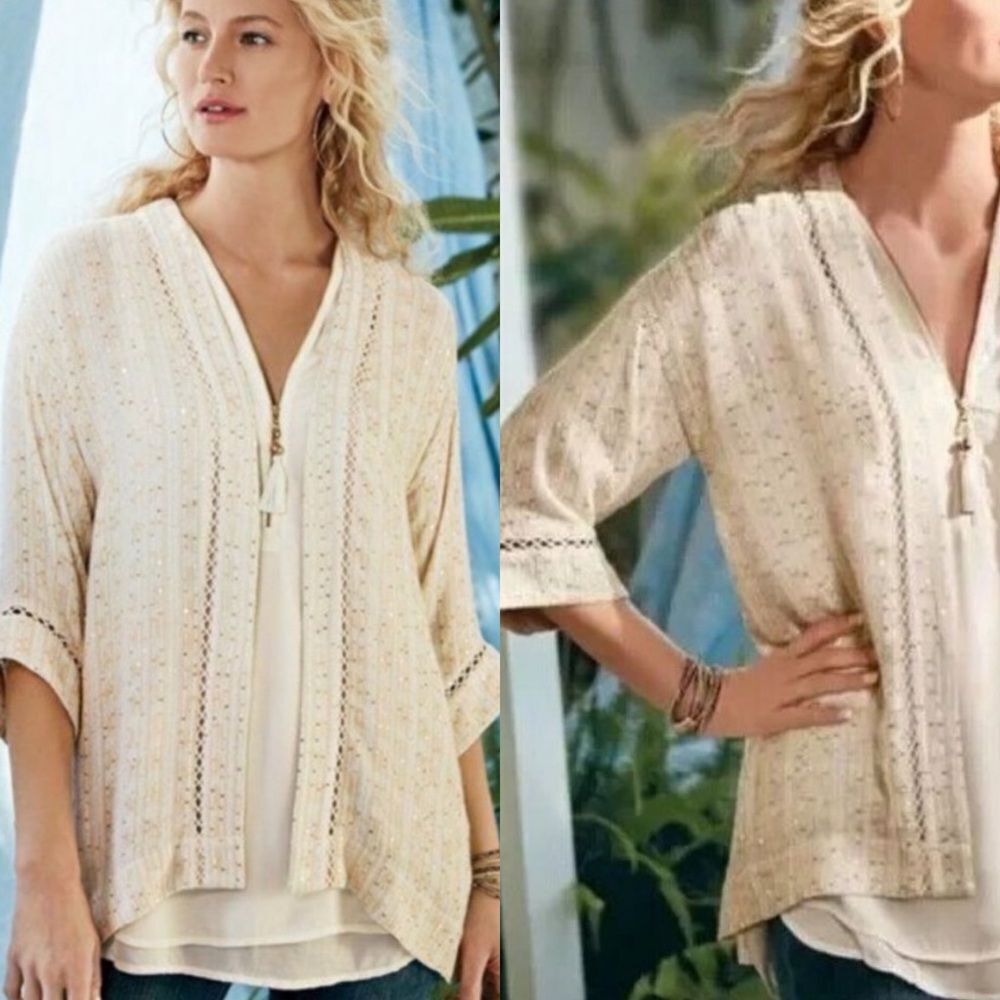 Soft surroundings ivory & gold‎ sequin topper kimono 3/4 sleeves plus size 1x